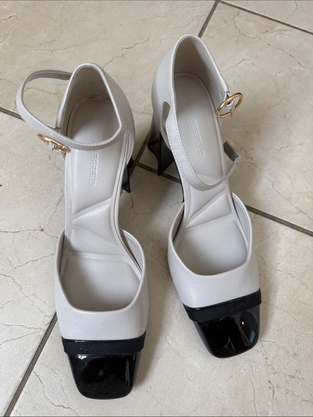 Karl Lagerfeld White and Black Two-Tone Square-Toe Ankle-Strap Heels